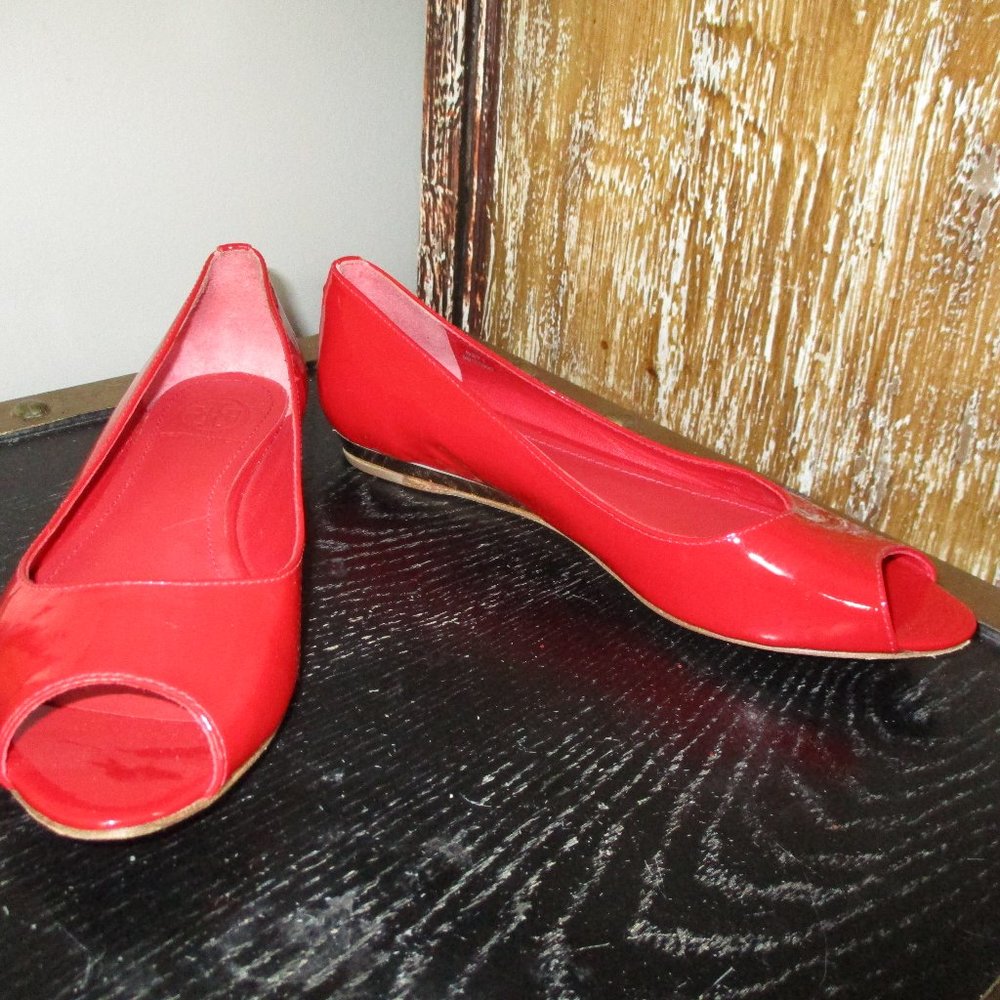 Tory Burch patent leather red peep toe wedge heels